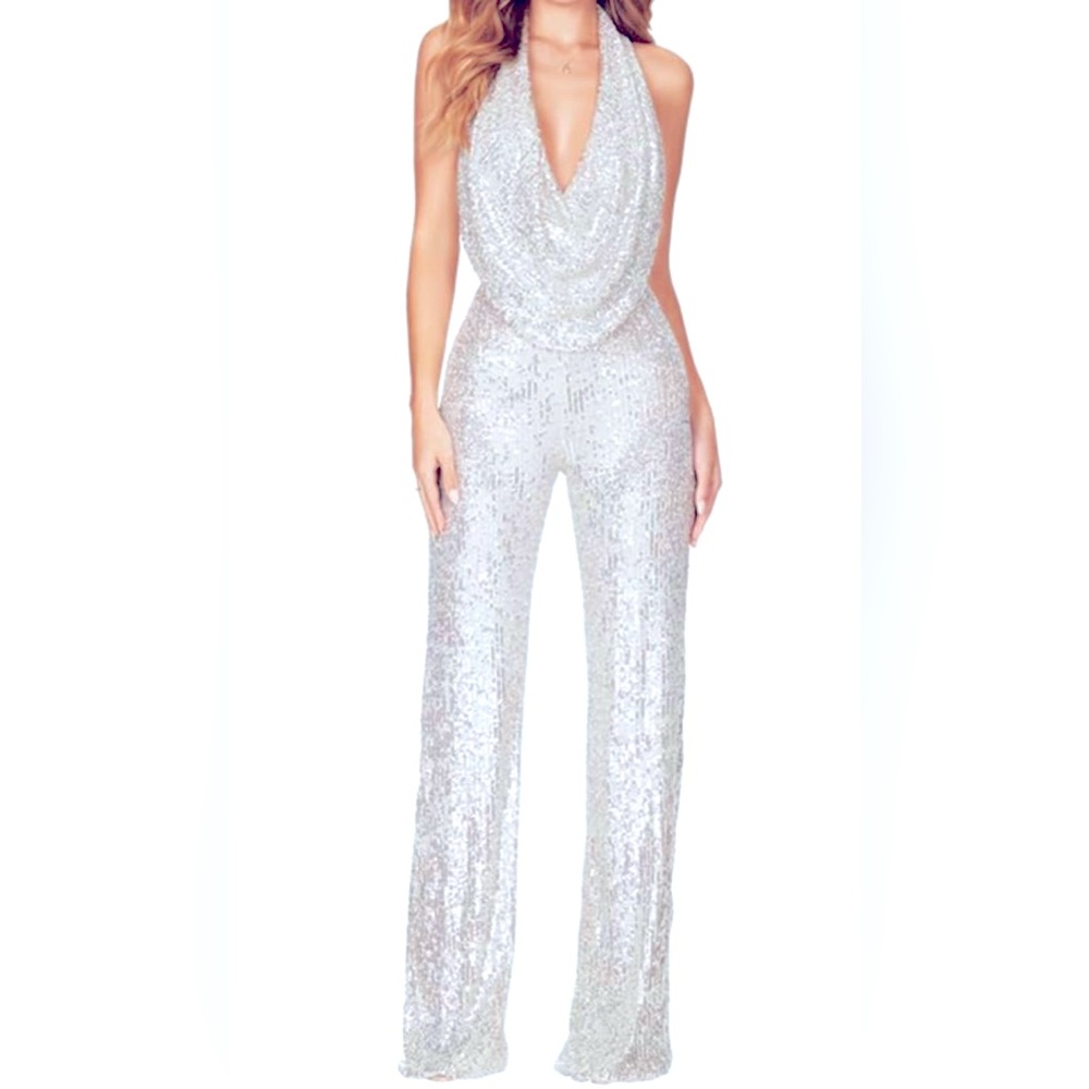 Elegant Silver Sequin Jumpsuit